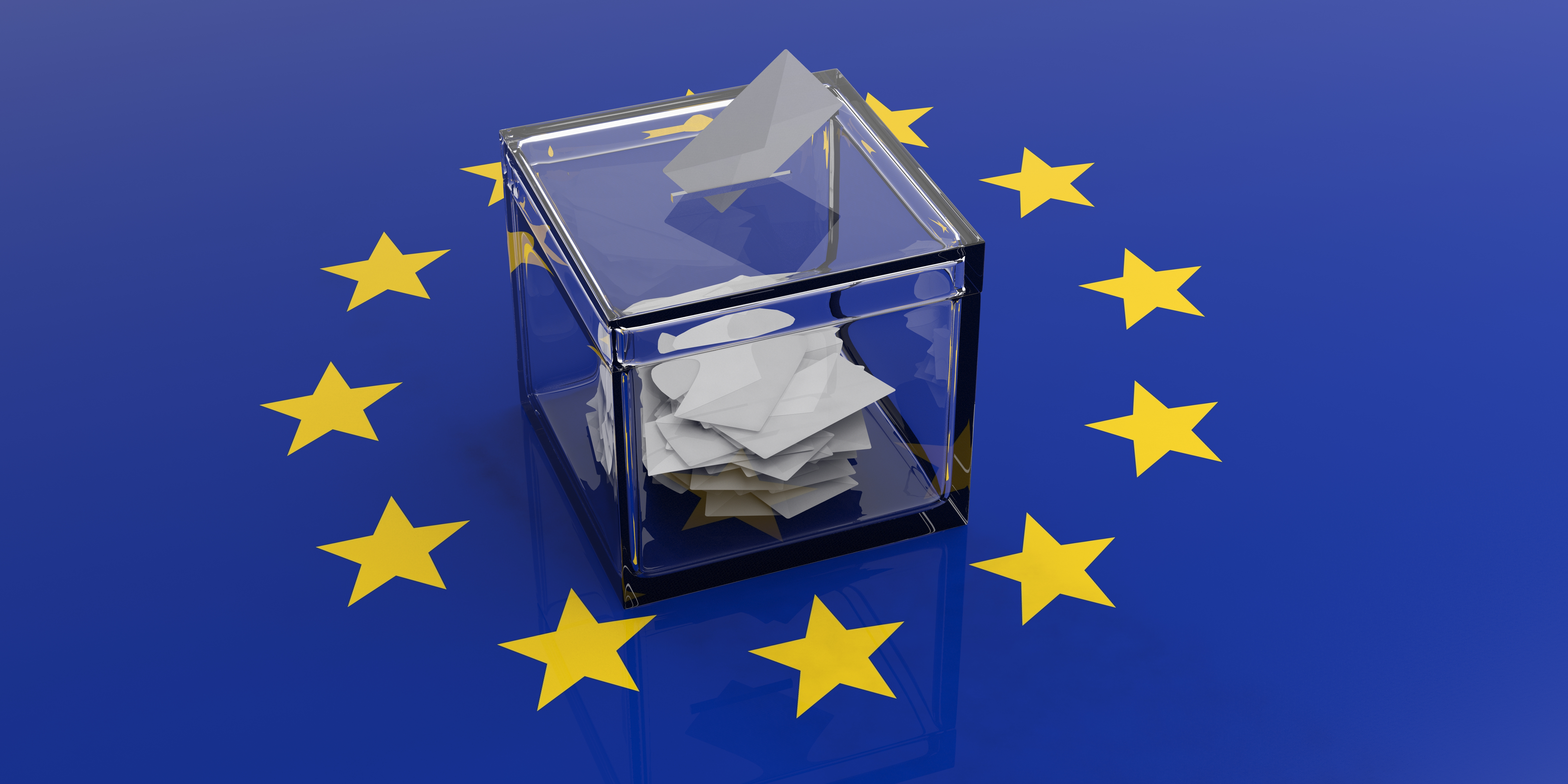 Urna con votos sobre bandera de la Unión Europea